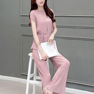 Set: Chiffon Short-sleeve Top + Wide Leg Pants