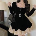 Mock Two-piece Long-sleeve Dotted Panel Velvet Mini A-line Dress