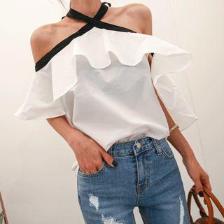 Halter Ruffled Off-shoulder Top