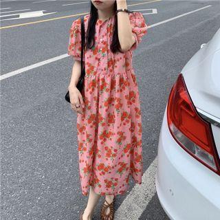Puff-sleeve Retro Floral Dress As Shown As Figure - One Size