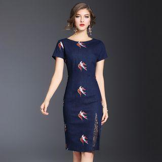 Lace Panel Embroidered Denim Sheath Dress