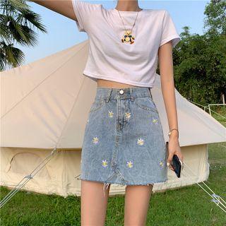 Flower Embroidered Denim Mini Pencil Skirt