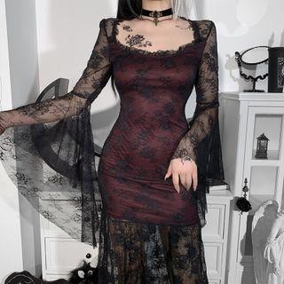 Bell-sleeve Lace Midi Mermaid Dress