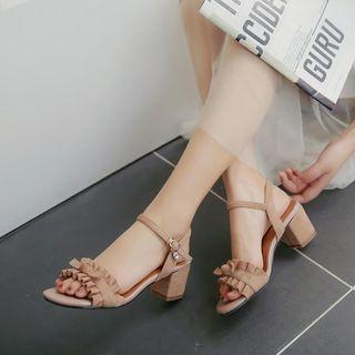 Ruffle Trim Genuine Leather Block Heel Sandals