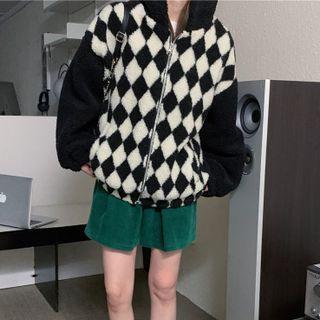 Checkerboard Hooded Zip-up Fleece Jacket Black - One Size
