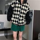 Checkerboard Hooded Zip-up Fleece Jacket Black - One Size