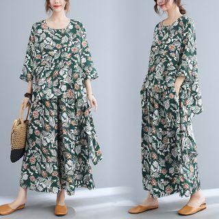 Set: Elbow-sleeve Floral Print Blouse + Midi A-line Skirt Light Green - One Size