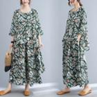 Set: Elbow-sleeve Floral Print Blouse + Midi A-line Skirt Light Green - One Size
