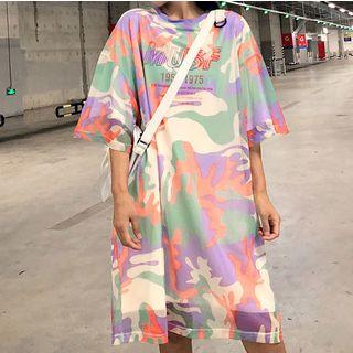3/4-sleeve Mesh Overlay Camo Print Letter T-shirt Dress As Shown In Figure - One Size