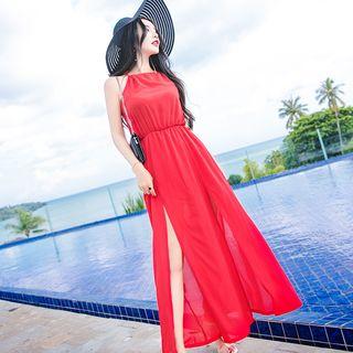 Sleeveless Shirred Slit-hem Maxi Dress