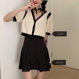Contrast Trim Puff-sleeve Cropped Top / Pleated Mini A-line Skirt