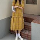 Short-sleeve Plaid Midi Dress Yellow - One Size