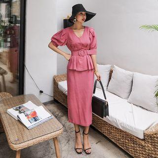 Set: V-neck Puff-sleeve Blouse With Belt + Slit-back Midi Skirt