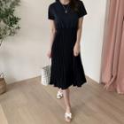 Round-neck Drawstring-waist Pleated-hem Dress