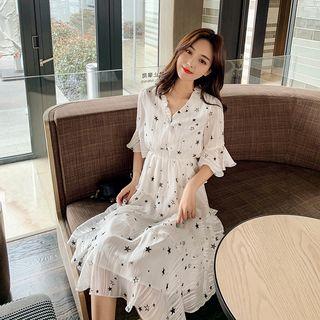 Star Print Short-sleeve A-line Tiered Dress