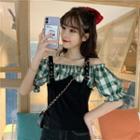 Puff-sleeve Cold Shoulder Buckled Crop Top