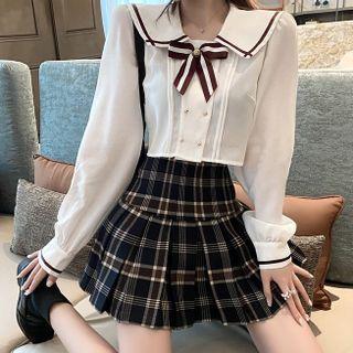Set: Sailor Collar Double-breasted Shirt + Bow Tie + Plaid A-line Skirt