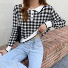 Polo-neck Gingham Knit Top