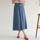 Patch-pocket Denim Long A-line Skirt