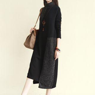Long-sleeve Paneled Mock-neck Shift Knit Dress