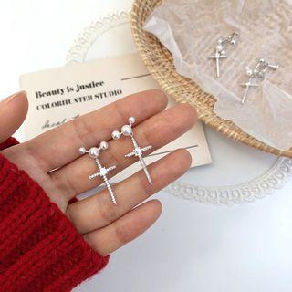 Rhinestone Cross Drop Earring / Clip-on Earring