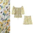Short-sleeve Floral Print Shirred Top / Mini A-line Skirt / Set