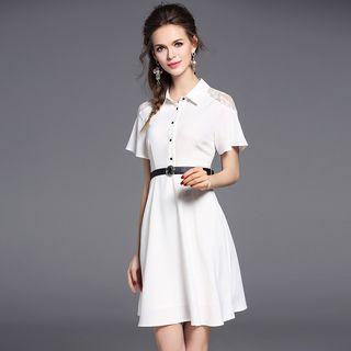 Lace Panel Short-sleeve Collared Dress