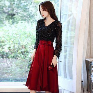 3/4-sleeve Paneled Velvet A-line Gown