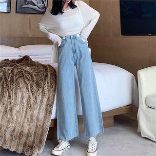 Lettering High-waist Denim Wide-leg Pants