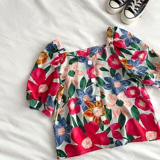 Printed Square-neck Short-sleeve Blouse