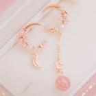 Non-matching Bead Alloy Moon & Star Dangle Earring 1 Pair - Pink Bead - Rose Gold - One Size