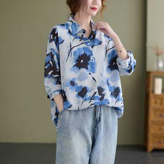 Flower Print Shirt Shirt - Flower - Blue & Black & White - One Size