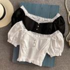 Square Neck Lace Puff Short Sleeve Crop Top