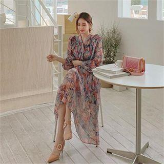 Accordion-pleat Floral Chiffon Midi Dress Pink - One Size
