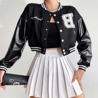 Faux-leather Panel Embroidered Lettering Cropped Baseball Jacket