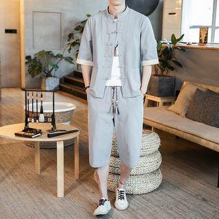 Set: Elbow-sleeve Frog-buttoned Shirt + Wide Leg Pants