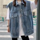 Collared Washed Denim Vest Blue - One Size