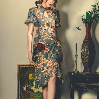 Short-sleeve Floral Print Cutout Mermaid Dress
