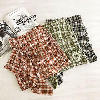 Color-block Plaid Asymmetric High-waist Skirt