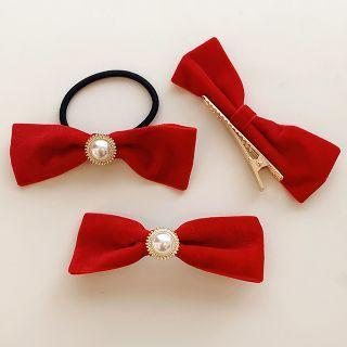 Faux Pearl Flannel Bow Hair Clip / Hair Tie