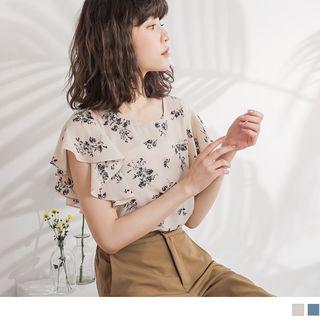 Floral Flutter-sleeve Chiffon Top