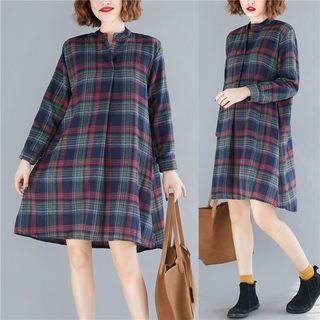 Long-sleeve Plaid Shift Dress Dark Blue - One Size