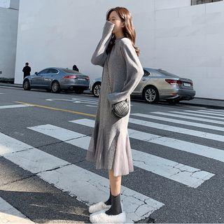 Long-sleeve Mock-neck Mesh Panel Midi Knit Dress