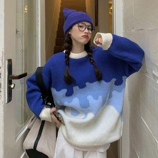 Color-block Knit Sweater / Wide-leg Jeans