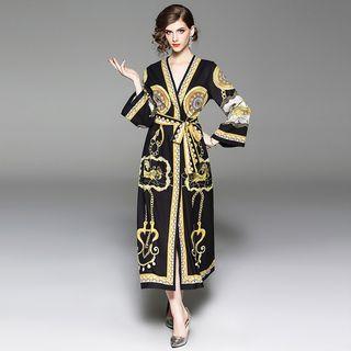 Long-sleeve Printed Midi Wrap Dress