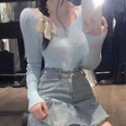 Mock Two-piece Long-sleeve Halter Knit Top Light Blue - One Size
