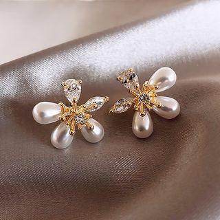 925 Sterling Silver Faux Pearl Flower Stud Earring 1 Pair - As Shown In Figure - One Size