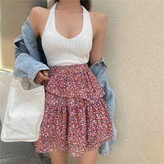 Halter Sleeveless Top / Floral Print Mini A-line Skirt