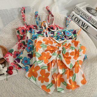 Flower-print Ribbon Crop Top