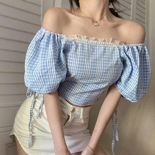 Off-shoulder Plaid Crop Top Blue - One Size